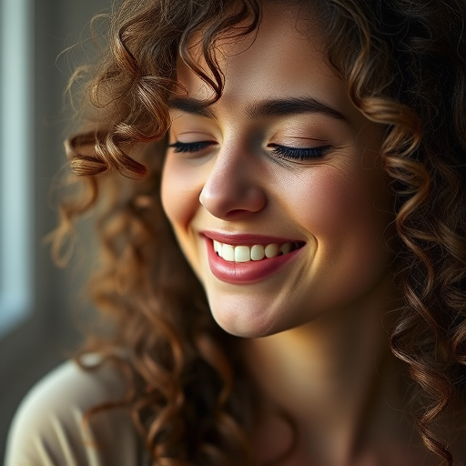 portrait of a woman with curly hair smiling softly, soft lighting, shallow depth of field, ISO 100, f/2.8, 85mm lens, natural light, taken with a DSLR camera