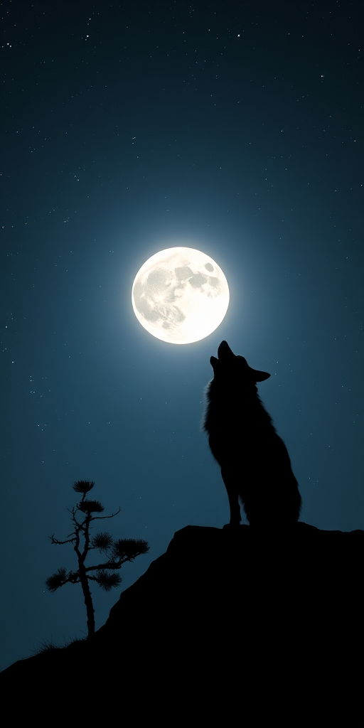 A silhouette of a wolf howling at a bright full moon in a starry night sky, with a single tree in the foreground, captured with a Canon EOS R5, 24mm lens, f/2.8 aperture, ISO 800, shutter speed 30 seconds, wide-angle view, night photography style.