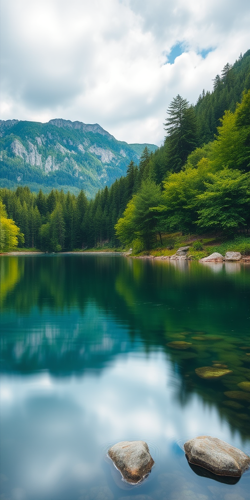 Generate an image of a serene landscape featuring a calm lake surrounded by lush green trees and mountains in the background, captured with a Canon EOS R5, 24mm lens, f/8 aperture, ISO 100, and a long exposure for smooth water effects, in vibrant and natural colors.