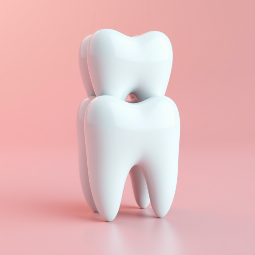 Create a 3D render of three glossy white teeth stacked together, with a soft gradient background, using a DSLR camera at f/2.8, ISO 100, 50mm lens, with a shallow depth of field for a professional look.