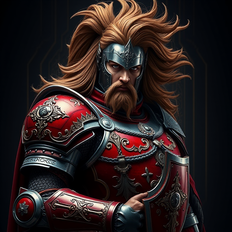Create a highly detailed image of a powerful knight in ornate crimson armor with intricate designs and a flowing mane, set against a dark, ornate background, captured with a DSLR camera at f/2.8, ISO 100, 50mm lens, in portrait mode with soft diffused lighting for enhanced depth and richness.