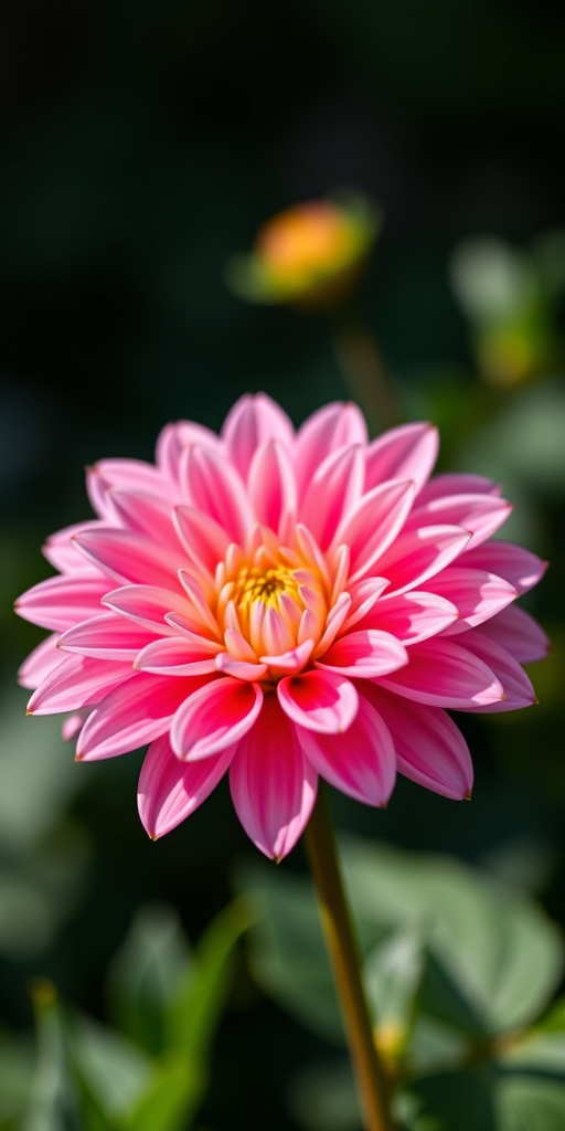 Close-up shot of a pink dahlia flower, vibrant color, sharp focus, shallow depth of field, using a Nikon D850, 85mm f/1.4 lens, ISO 100, aperture f/1.8, natural light.