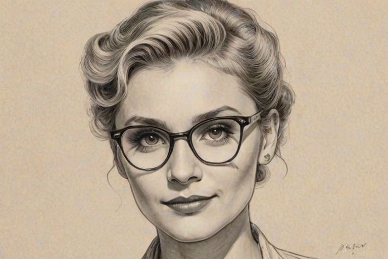 Radiant Clare Bowen, pencil sketch, portrait of Dazzling woman 1937s in glasses, hair style beatnik, outline, clear lines, fine lines, 8k