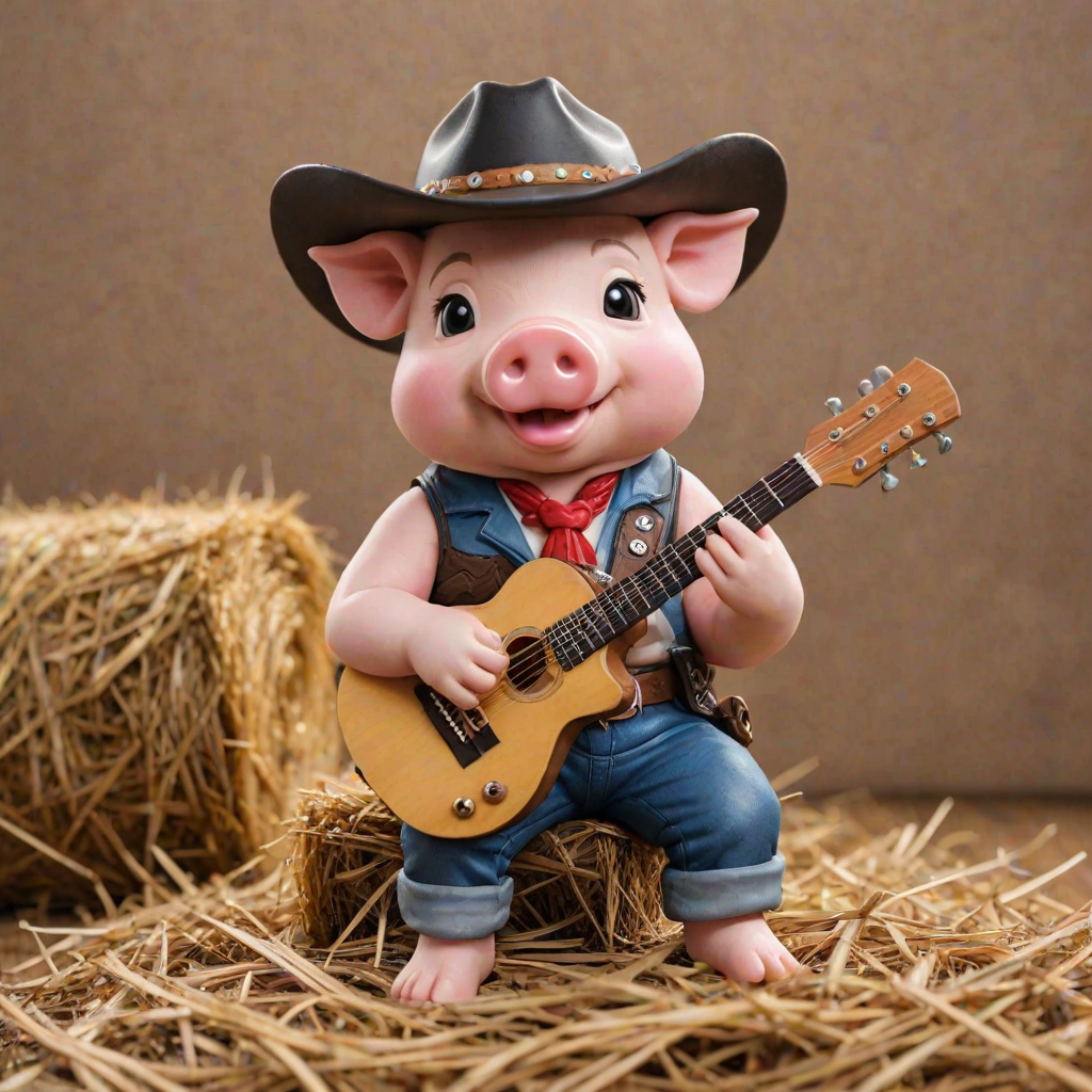 A chibi pig, dressed as a cowboy, playing guitar, sitting on a hay bale