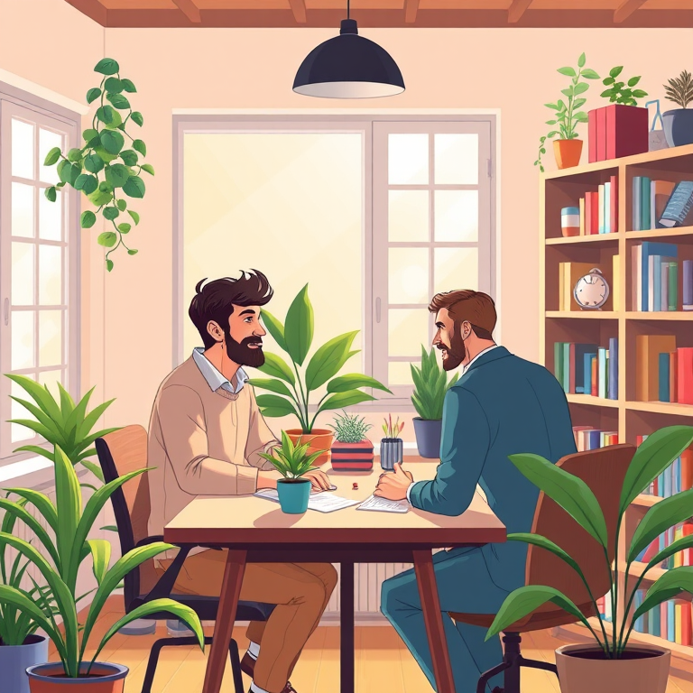 Create a cozy indoor scene featuring two men in a discussion at a desk with plants and bookshelves, natural light coming through two windows, drawn in a vibrant cartoon style, captured with a Canon EOS R5, ISO 100, f/4, 50mm lens, shallow depth of field, soft lighting.