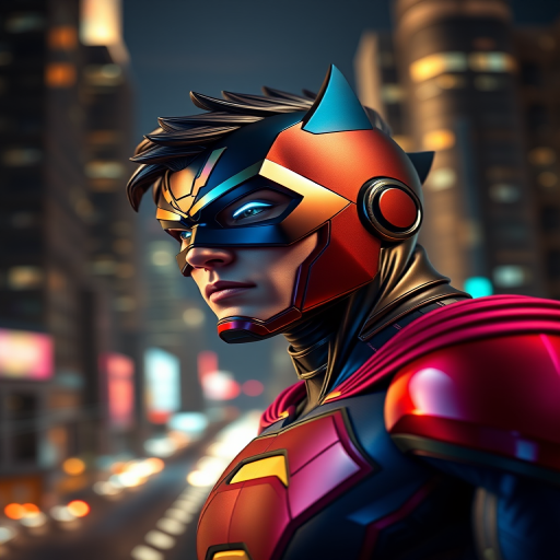 create an ultra-detailed 3D render of a superhero character in a cityscape at night, featuring vibrant colors and dynamic lighting, using a Canon EOS R5 with a 85mm lens, aperture f/1.2, ISO 100, and a shallow depth of field to emphasize the character against a blurred city background