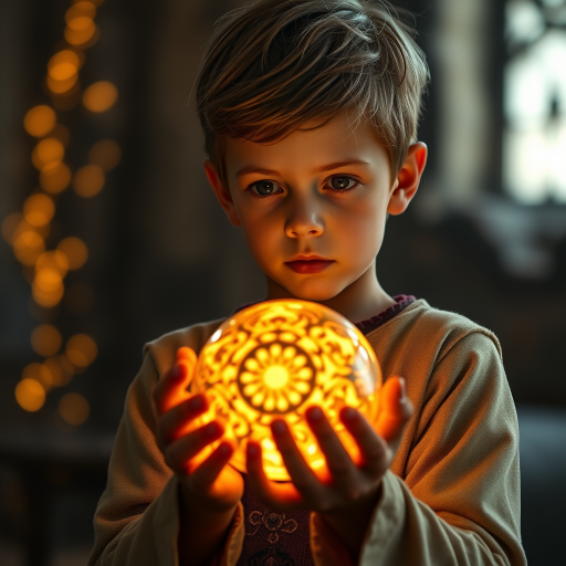 A young boy in a medieval setting holding a glowing orb with fiery patterns, ethereal lighting with soft bokeh background, shallow depth of field, 50mm lens, f/1.8 aperture, ISO 100, captured with a DSLR camera.