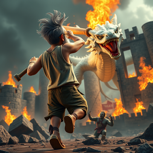 Cartoon 3D High-Resolution,dynamic battle scene using Unreal Engine 5 and Octane Render. The scene features back of an elderly, thai man with a beard,messy hair and round golden-rimmed glasses. He is wearing a tattered tank top with soot marks, shorts, and sandals. sweating. he wields a baseball bat. He jump to fight with a white fire-breathing Europe dragon amidst a partially destroyed stone castle. Include intense flames, smoke, and debris to enhance the dramatic effect.