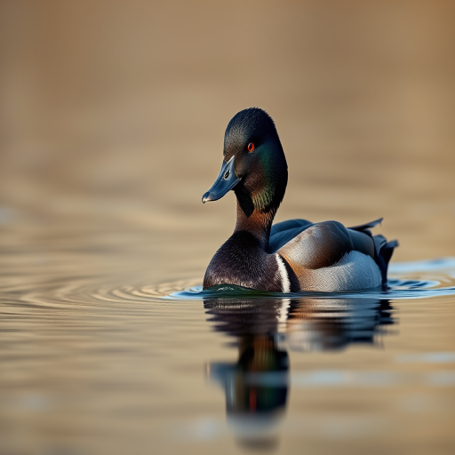 Capture a high-resolution image of a tufted duck swimming on a calm lake, using a Canon EOS 5D Mark IV, 85mm lens, f/2.8 aperture, 1/500 sec shutter speed, ISO 200, with a focus on sharp detail and rich contrast, emphasizing the duck's textures and reflections in the water.