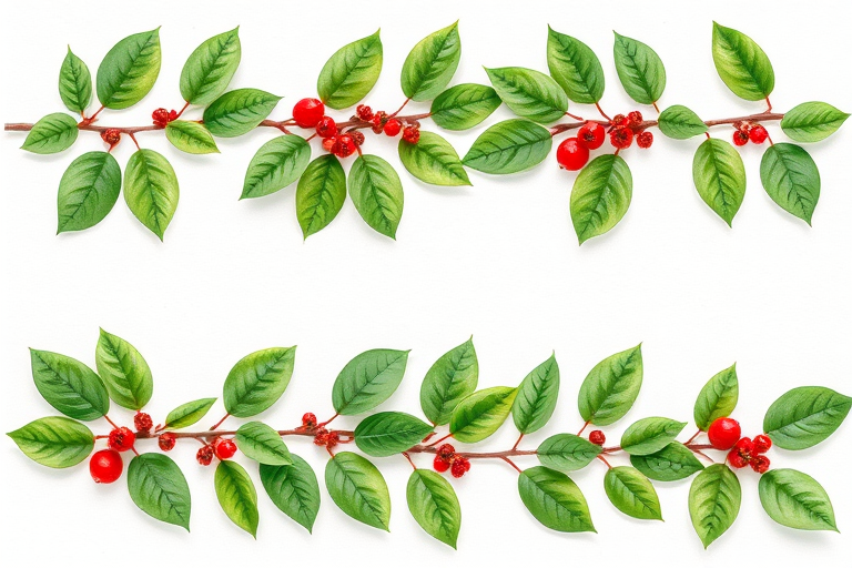Create a watercolor illustration of lush green foliage with small berries arranged in two horizontal sections on a textured paper background, use a Canon EOS 5D Mark IV with a 50mm f/1.8 lens, aperture set to f/4 for depth of field, and natural lighting for enhanced color vibrancy.
