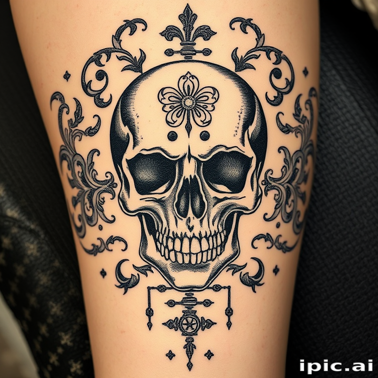 Vintage etching style tattoo named "Memento Mori" featuring intricate crosshatching and stippling techniques to create a hauntingly detailed skull surrounded by baroque flourishes and vanitas symbols meticulous line work mimics the appearance of a centuries-old engraving brought to life on skin