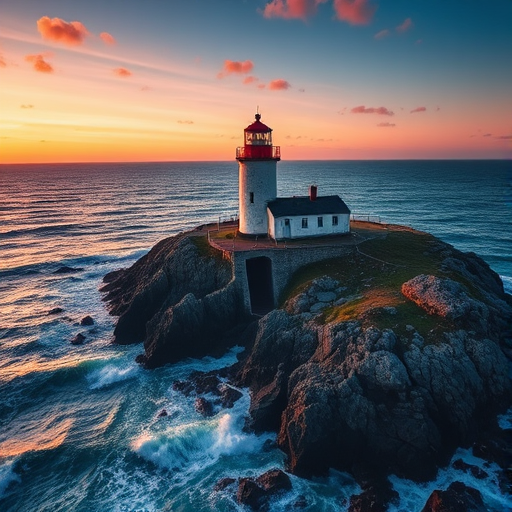 A dramatic lighthouse on a rocky coast with crashing waves at sunset, captured with a Canon EOS R5, 24mm lens, f/8 aperture, ISO 100, 1/125s exposure, aerial view, cinematic style, high dynamic range for enhanced colors and details.