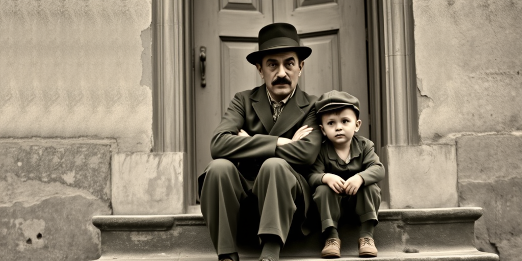 A black-and-white photograph of a man and a child sitting on steps in front of a doorway. The man is dressed as a tramp with a bowler hat, mustache, and ragged clothes, reminiscent of Charlie Chaplin's iconic look. He is sitting with his arms crossed and an expression of slight sadness or frustration. Next to him is a young boy, also in worn clothes and a cap, sitting with his hands clasped, looking thoughtful. The background is an old, textured wall and a partially open door, creating a vintage, early 20th-century atmosphere.