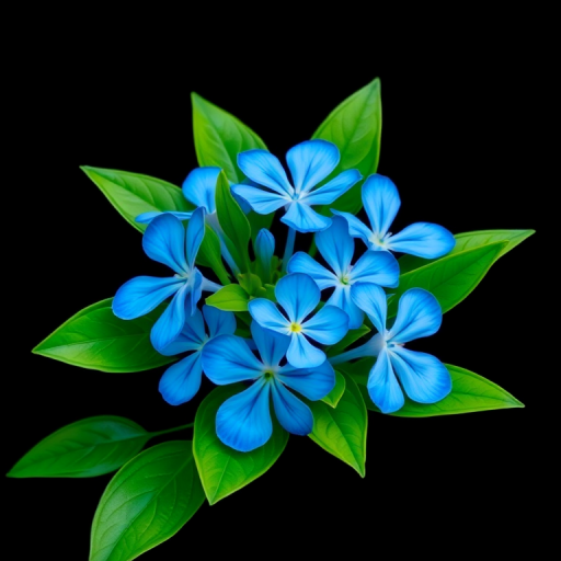 Create a vibrant illustration of blue flowers surrounded by green leaves against a black background, using a macro lens on a DSLR camera at f/2.8, ISO 100, and a shutter speed of 1/200s for enhanced detail and color vibrancy.