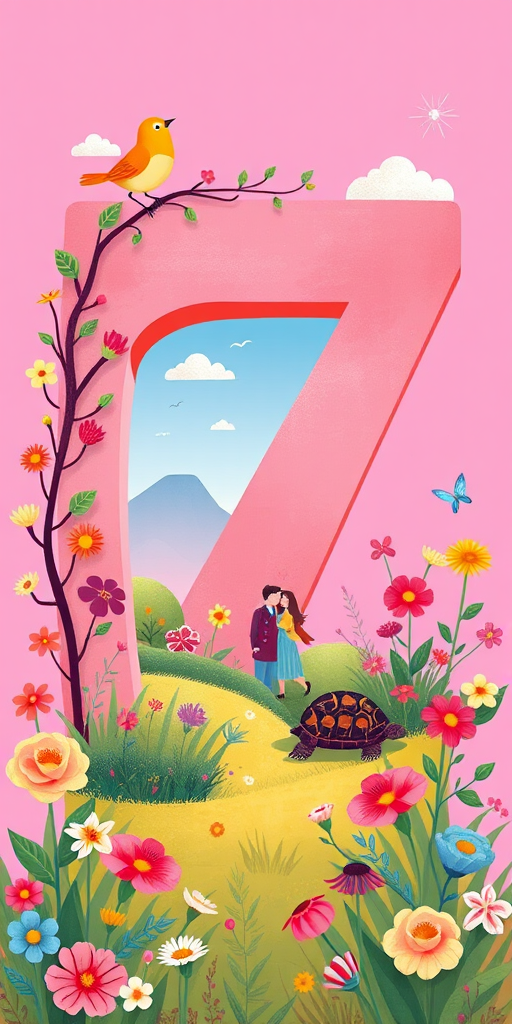 Create a vibrant illustration of a large number seven featuring a whimsical scene inside it with a serene landscape, a cheerful bird, a couple in love, a turtle, and blooming flowers, using a DSLR camera with a 50mm lens, f/1.8 aperture, ISO 100, natural lighting, and a bright color palette.