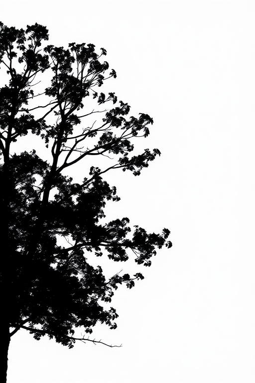 Generate a high-resolution image of a minimalistic black silhouette of a tree against a white background, using a DSLR camera with a 50mm lens, aperture set to f/1.8, shutter speed of 1/100s, ISO 200, and a soft focus effect.