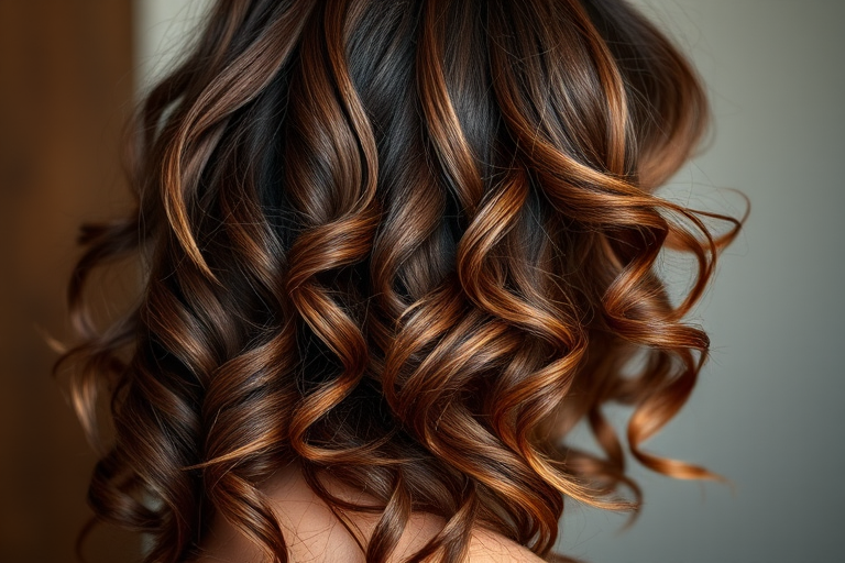 Luscious chocolate brown curls in the "Cocoa Cascade" style tumble gracefully, adorned with caramel lowlights and a deep side part for romantic allure