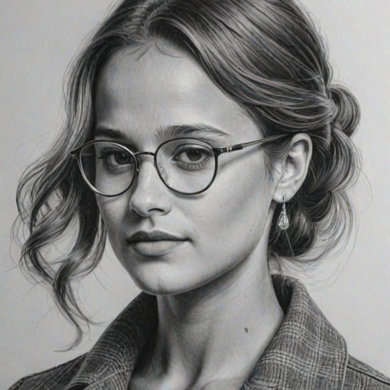 Fascinating Alicia Vikander, pencil sketch, portrait of Attractive woman 1963s in glasses, hair style beatnik, outline, clear lines, fine lines, 8k