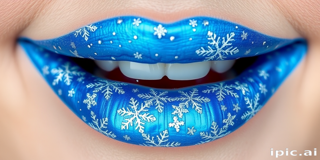 Icy blue lips with snowflake designs in silver, titled "Frost Queen," create a wintry and magical look with a metallic finish for holiday parties and winter wonderland themes