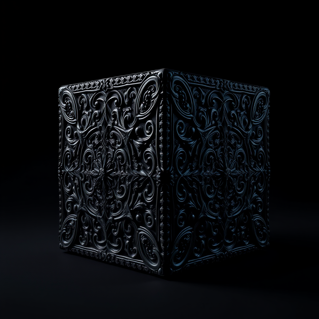 Create a highly detailed 3D render of a mysterious black cube with intricate patterns and designs on its surface, illuminated with soft shadows, using a DSLR camera with a 50mm lens at f/1.8, in a dark studio setting, with softbox lighting to enhance the textures and contrasts.