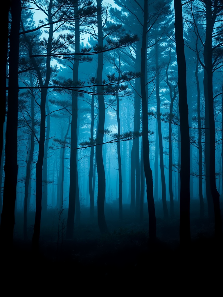 Create a tranquil forest landscape with layers of silhouettes in cool blue tones, captured with a Nikon D850 at f/8 aperture, ISO 100, 50mm lens, using a soft focus style to enhance image depth and quality.