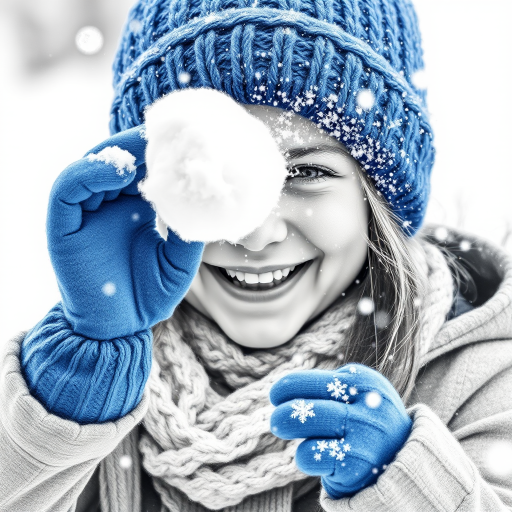 A hyperdetailed photorealistic macro image black and white pencil sketch of a young girl getting hit by a snowball during a snowball fight. She is wearing a brilliant sapphire blue wool beanie and bright blue mittens. She is trying to block the snowball by putting her hands up. The snowball hits her beanie and disintegrates into myriad tiny snowflakes caught with high speed photography. The girl is laughing and having a wonderful time.