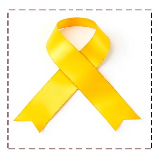 Create a clean and simple image of a yellow ribbon with a dashed border on a transparent background, using a DSLR camera with a 50mm lens, aperture set to f/2.8, ISO 100, captured from a straight-on angle for clarity and focus.