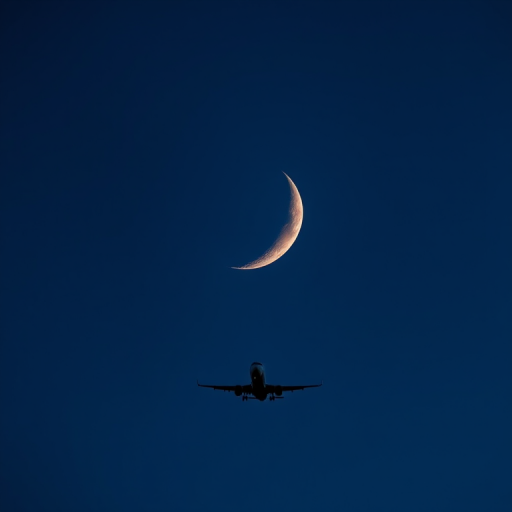Capture a high-resolution image of a crescent moon with an airplane in the foreground, using a 300mm lens, f/8 aperture, ISO 200, 1/500 shutter speed, shot from a telephoto view in a clear night sky, with a DSLR camera for enhanced detail and clarity.