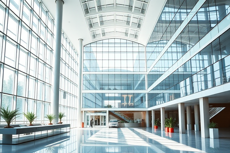 a spacious interior of a modern building with large windows and ample natural light, showcasing contemporary design elements, shot with a DSLR camera at f/4 aperture, ISO 100, 24mm focal length, wide-angle view, and soft daylight to enhance image quality