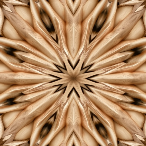 Create a symmetrical pattern of star-like shapes in neutral tones, using a Canon EOS 5D Mark IV with a 50mm f/1.8 lens, aperture set to f/8, ISO 100, and a focal length of 50mm for enhanced clarity and depth, captured from a top-down view for a seamless tiled effect.