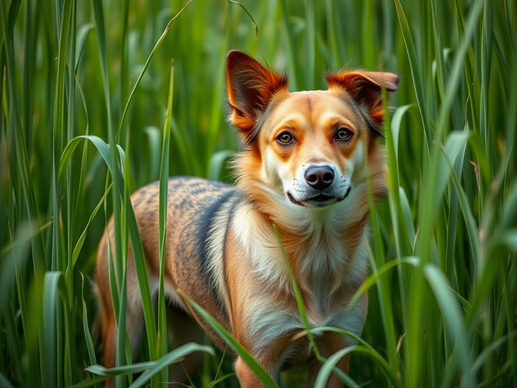 A medium-sized dog with short fur standing among tall green grass, captured with a Canon EOS R5, 50mm lens, f/1.8 aperture, 1/200 sec shutter speed, natural lighting with a slight vignette for depth.
