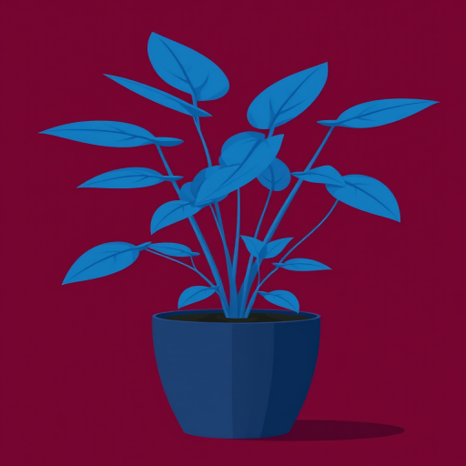 A minimalist illustration of a potted plant with vibrant blue leaves in a dark navy pot against a rich maroon background, captured with a Canon EOS R5, 50mm lens, f/1.8 aperture, ISO 100, soft focus style for enhanced visual quality and depth.