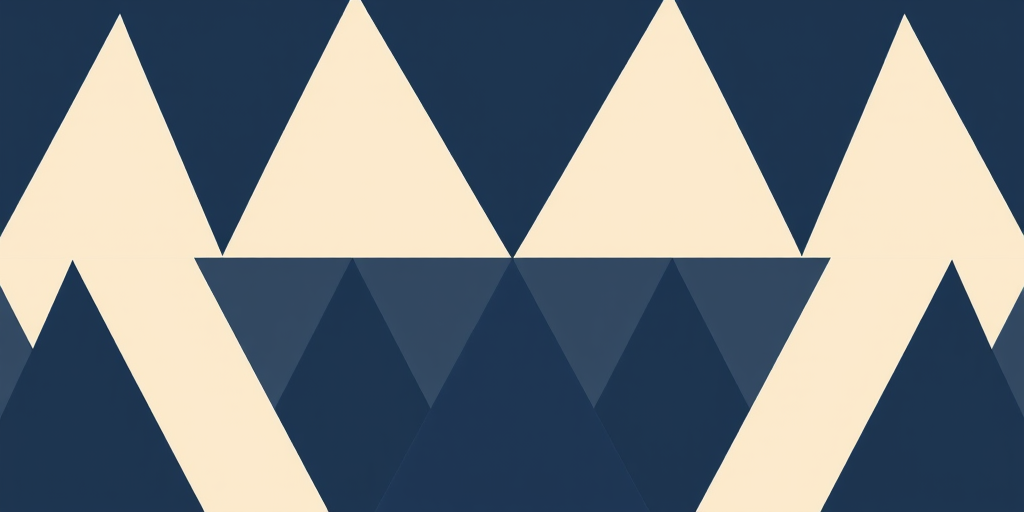 Create a seamless pattern of geometric triangles in varying sizes, using navy blue, beige, and white colors, captured with a Canon EOS 5D Mark IV, 50mm lens, f/4 aperture, 1/125 sec exposure, at a 100 ISO setting, overhead view, with high saturation and sharp focus.