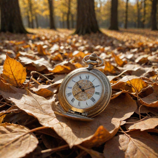 Close-up of a vintage pocket watch lying on a bed of autumn leaves, soft sunlight filtering through trees casting delicate shadows on the golden casing, with a sense of nostalgia in the air.
