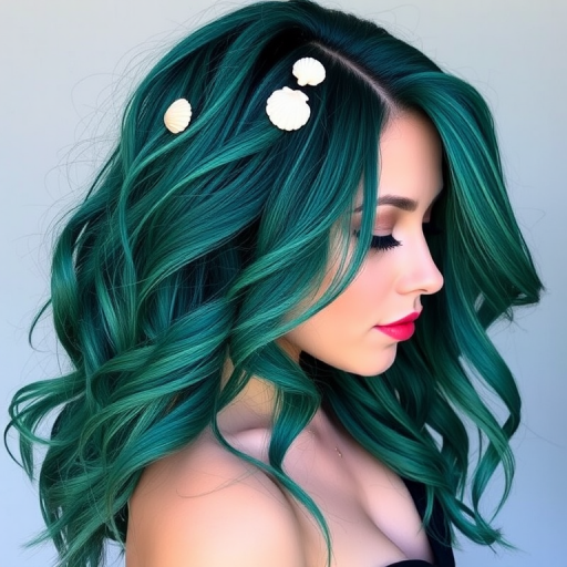 Dramatic silhouette showcases Emerald Mermaid waist-length hair, deep teal base color with lighter sea-green highlights, styled in loose mermaid waves with seashell accessories