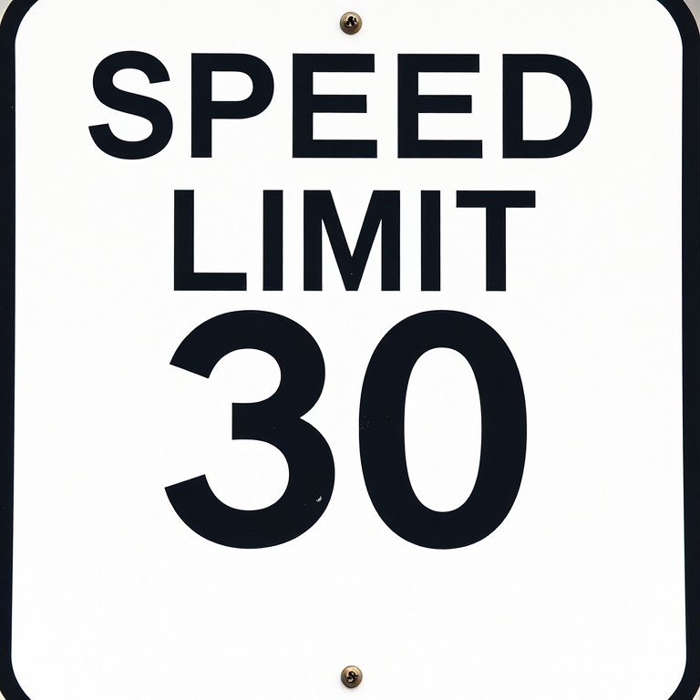 Create a high-resolution image of a speed limit sign displaying "SPEED LIMIT 30" with a clean white background and bold black text, captured with a DSLR camera, ISO 100, aperture f/8, shutter speed 1/200 sec, landscape orientation, and soft natural lighting.