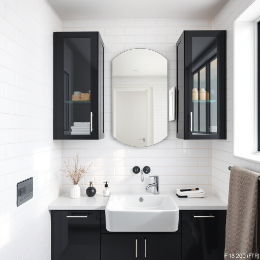 Modern bathroom interior featuring white tiled walls, black cabinetry, a sleek sink, and elegant accessories, shot with a DSLR camera at f/8, ISO 200, 24mm focal length, natural lighting, and a wide-angle perspective.