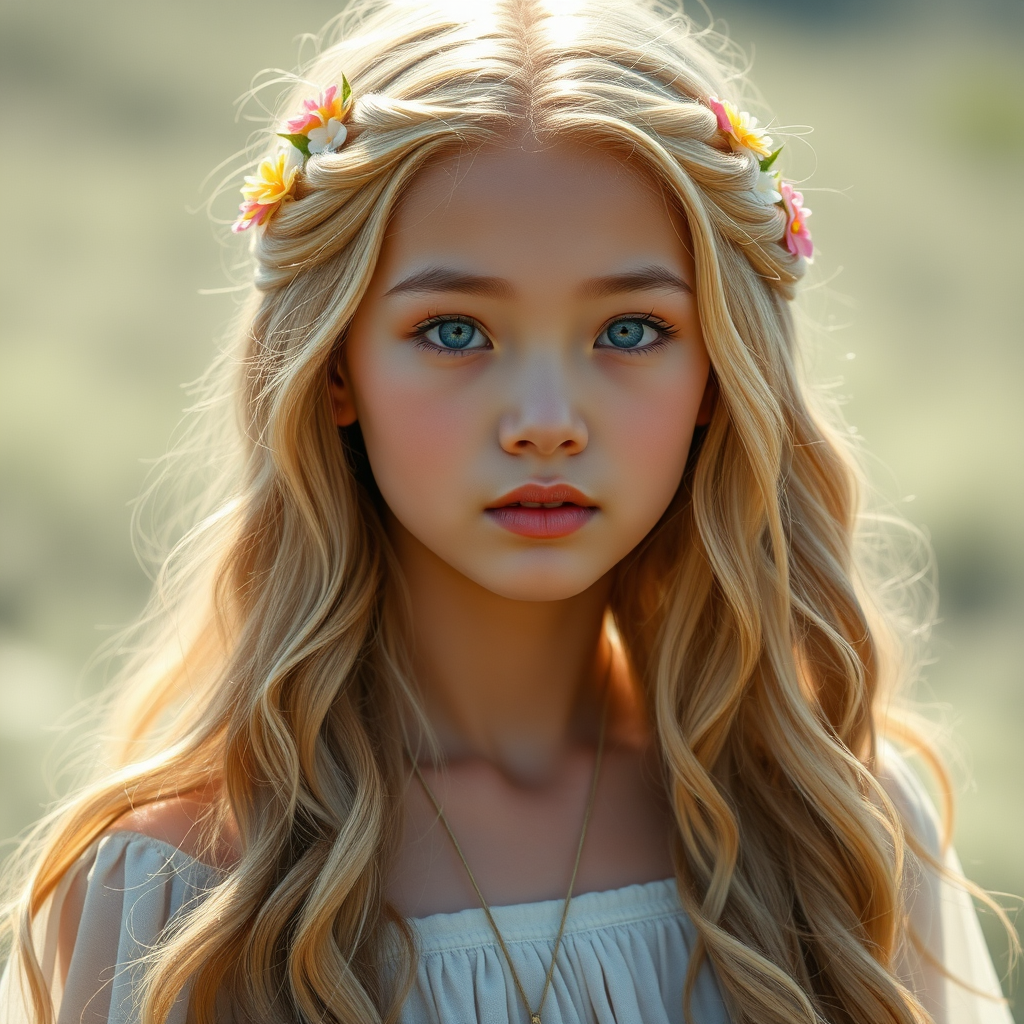 Create an image of a young Hmong woman with long, wavy blonde hair, adorned with small, colorful flowers woven into her braids and loose strands. Her complexion is fair, with soft, glowing skin, and she has light blue eyes that gaze softly at the viewer. She wears a light, flowing dress with a gentle, ethereal quality, complementing her delicate and serene appearance. The background is slightly blurred, drawing focus to her tranquil expression and the intricate details of the flowers in her hair. The overall mood of the image is one of natural beauty and grace, evoking a sense of peacefulness and connection with nature.
