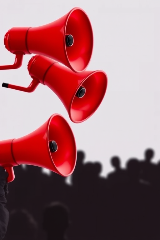 Create an image of three red megaphones arranged in a triangle with a blank speech bubble underneath, silhouette of an audience in the foreground, high-resolution, shot with a DSLR camera at f/2.8 aperture, 50mm lens, 1/200 sec shutter speed, natural lighting.