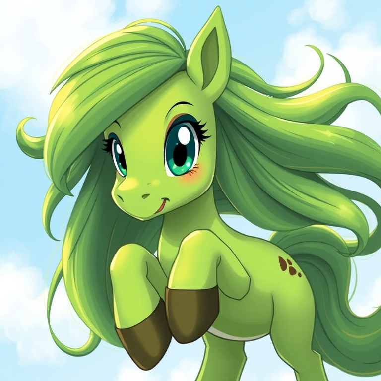 Create a vibrant illustration of a green pony with flowing green hair, shown in a playful pose, using a DSLR camera with a 50mm lens, f/2.8 aperture, 1/200 shutter speed, and shot from a low angle for a dynamic perspective.