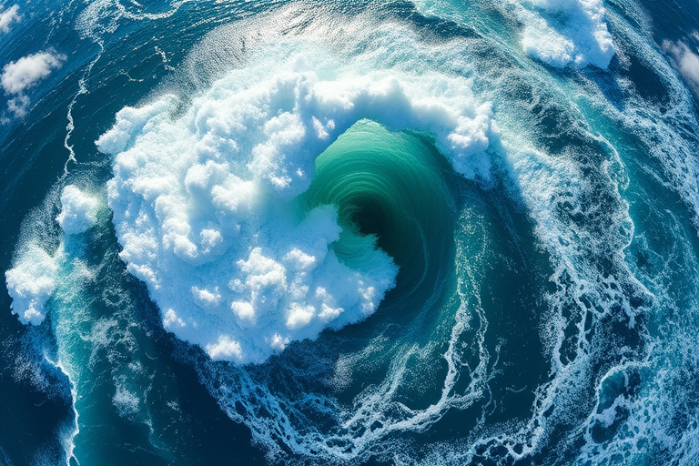 Create a high-resolution image of a swirling ocean vortex, capturing dynamic waves and clouds in a bright, serene atmosphere, using a wide-angle lens, f/8 aperture, ISO 100, and a shutter speed of 1/250 sec, shot with a DSLR camera from an aerial perspective.