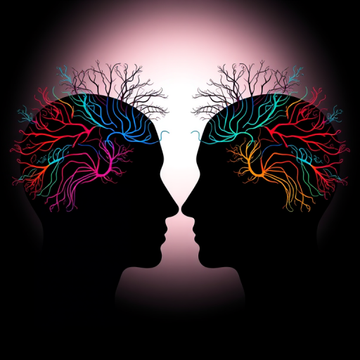 Create a surreal illustration of two silhouetted heads facing each other, with intricate, colorful branching patterns representing brain activity, using a high-resolution digital camera setting at f/2.8 for a shallow depth of field, shot from a straight-on view for symmetrical balance, with a soft, diffused lighting style for a vibrant, clean look.