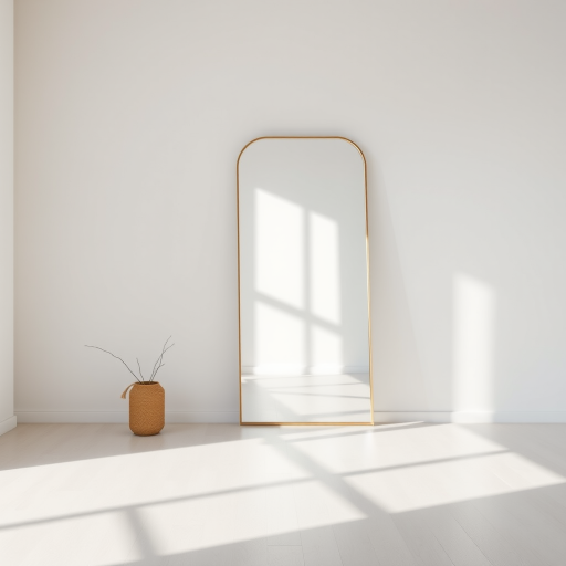 Create a minimalist interior scene featuring a large, reflective mirror, soft natural light casting gentle shadows, shot with a DSLR camera at f/8, ISO 100, 24mm focal length, in a bright and airy style with an emphasis on clean lines and subtle colors.