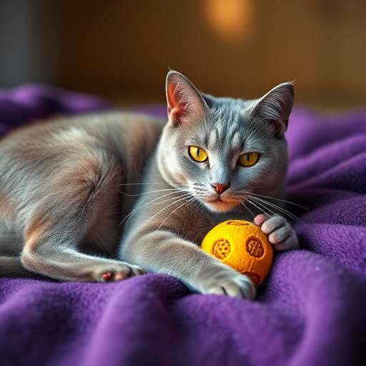 Create a hyper-realistic image of a gray cat lounging on a purple blanket with a yellow ball, using a Canon EOS R5 camera, 50mm lens at f/1.8, ISO 200, shot from a wide-angle view with soft natural lighting to enhance color and detail.