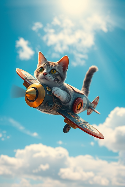 Create a whimsical steampunk cat aircraft soaring through a bright blue sky with fluffy clouds, using a DSLR camera with an aperture of f/2.8, ISO 100, and a shutter speed of 1/200s for high-quality details and vibrant colors, capturing the scene in a wide-angle view for added depth.