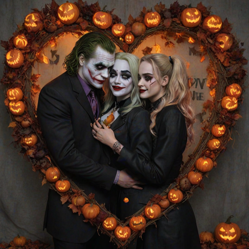The Joker, neat, wearing a black suit and a beautiful Harley Quinn with long hair, both romantic, hugging and cuddling in the middle of a neon linen black heart frame decorated with dead leaves, bats, and small pumpkins, with a label at the bottom that reads 'Mad Love' made of linen, in a photo realistic style.