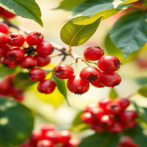 Create a detailed watercolor illustration of vibrant red berries surrounded by green leaves with a soft focus background for depth, captured with a Canon EOS R5 at f/4, ISO 100, 50mm lens, in natural lighting for enhanced color saturation.