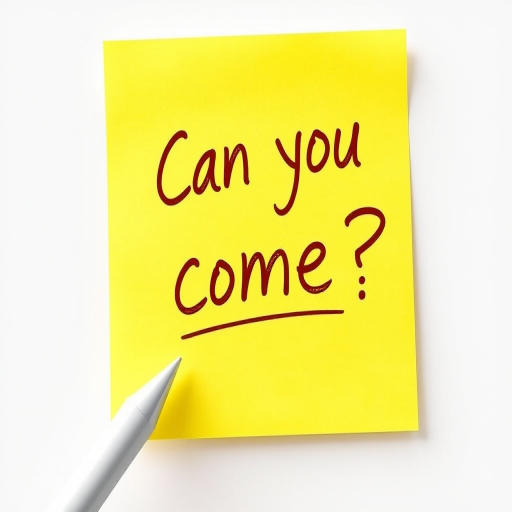 Yellow post-it note, hand written in brown pen text "Can you come??", 3d, hd, hyper realistic,