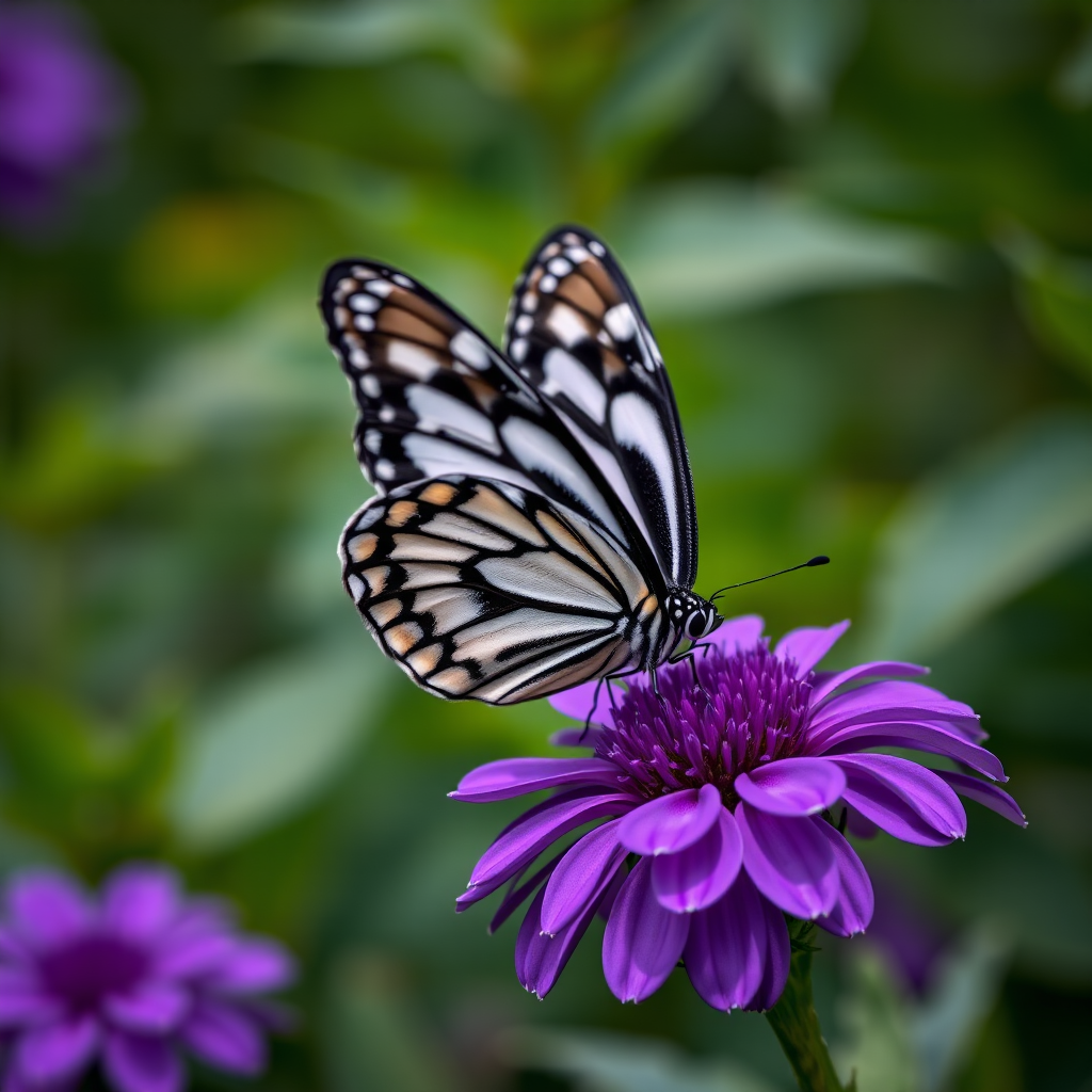 Generate an image of a butterfly perched on a vibrant purple flower. The butterfly should have intricate black and white patterns on its wings. The background should be a soft blur of green foliage, enhancing the focus on the butterfly and the flower. The scene should convey a sense of tranquility and natural beauty.
