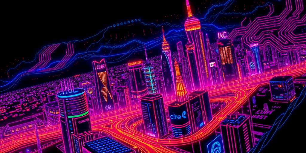 Cyberpunk neon tattoo depicting a futuristic cityscape with glowing circuit board patterns, rendered in vibrant fluorescent inks for a mesmerizing effect under blacklight
